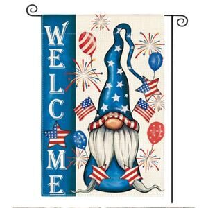 Patriotic Gnome Welcome Summer Memorial Decorative Garden Flag 12.5-in x 18-in